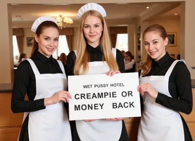 Three petite young women, wearing maid uniforms, different haircolors, standing at a hotel reception.
They hold a sign with text "WET PUSSY HOTEL, CREAMPIE OR MONEY BACK".