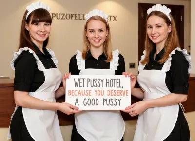Three petite young women, wearing maid uniforms, different haircolors, standing at a hotel reception.
They hold a sign with text "WET PUSSY HOTEL, BECAUSE YOU DESERVE A GOOD PUSSY".