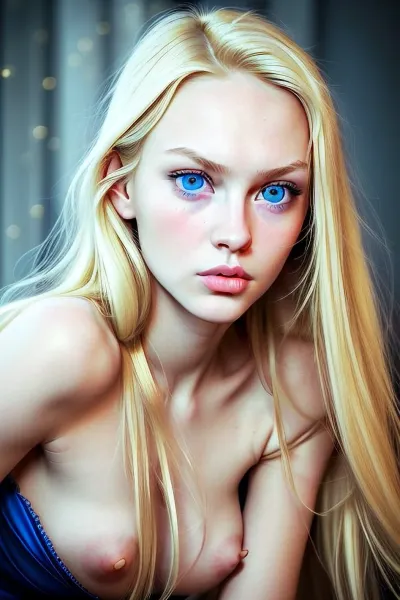 The face of a beautiful girl, young, russian, pretty, very narrow face, skinny, skinny face, very high forehead, powerful jaws, a prominent strong-willed chin, a straight nose, very large round blue eyes, blonde, white skin, small tits. tight ass