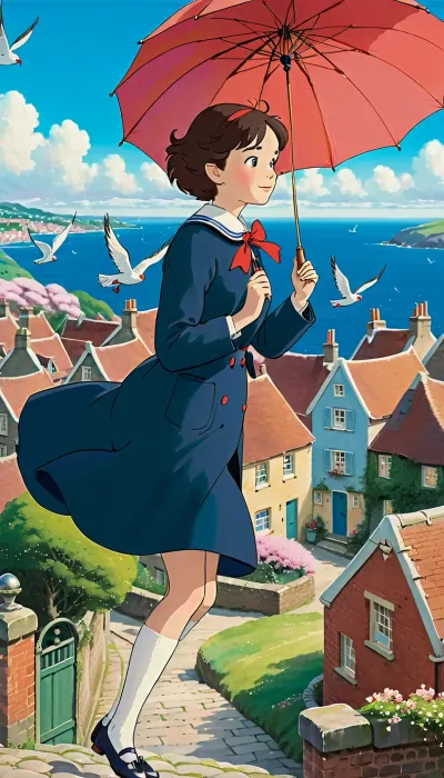 masterpiece, best quality, high detail, Miyazaki Hayao style, Ghibli studio aesthetic, Kiki's Delivery Service atmosphere, Mary Poppins flying gracefully on her umbrella over a london, soft watercolor background, pastel color palette, (dominant blues, creams, soft pinks, greens), gentle sunlight, fluffy cumulus clouds, Mary Poppins, young woman with kind but wise dark eyes, neat dark bob haircut, (slightly windswept), wearing a simplified yet elegant version of her outfit, dark blue sailor-collar coat with red ribbon tie, white knee-high socks, black Mary Jane shoes, iconic parrot-head umbrella, small carpet bag hanging from the handle, slender and graceful figure, serene and confident expression, gentle wind billowing her coat and hair, seagulls flying alongside, cherry blossom petals or dandelion seeds floating in the breeze, distant view of cozy hillside houses with red roofs, sparkling ocean bay, cobblestone streets below, whimsical and heartwarming mood, painterly soft edges, cel-shading influence, atmospheric perspective, studio ghibli film still, animated movie screenshot, ghibli, StdGBRedmAF, Studio, Ghibli, <lora:ghibli_last:.8>, <lora:StudioGhibli.Redmond-StdGBRRedmAF-StudioGhibli:.8>