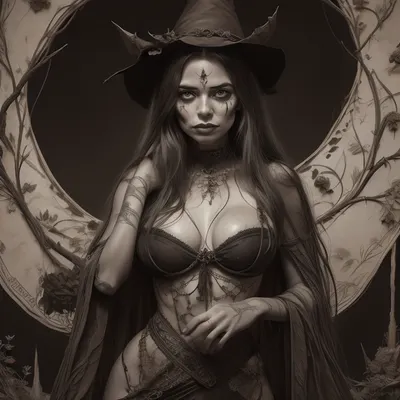 A detailed, sepia-toned wood carving in the Gothic style depicts a topless witch with long, wavy hair, a pointed, leaf-decorated hat, and a tattered cape. Her face is painted grotesque. Surrounding her are skulls, bats, and twisting, thorny vines, creating a macabre, eerie atmosphere. The background is densely filled with intricate, organic patterns, creating a dark, mystical atmosphere. #©KITTYART

























#©KITTYART