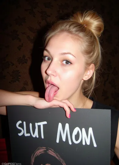 1girl, MILF, bimbo, whore, slut, slutty face, blond hair, hair is tied in a bun, lush hair, pink lipstick, large lips, duck lips, perfect face, detailed, ahegao, (rolling eyes), tongue, excessive cum, front view, cum on hair, clothed, white highlights, lust, passion, ecstasy, hold a sign on which it is written text "SLUT MOM", amateurish, photo, low, lighting, in, motion, overexposed, underexposed, GoPro, lens, eerie, atmosphere, smeared, background, foreground, <lora:UltraRealPhoto:1>
