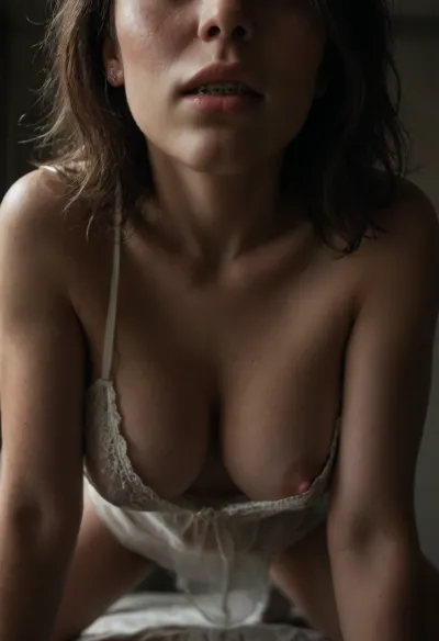 masterpiece, score_9, score_8_up, score_7_up, 1girl, close up, from below, head out of frame, hiding face, censored face, leaning forward, sexy pose, all fours, closeup, (downblouse), breast focus, nipple focus, (body freckles, pale skin, blush, braces), (20yo, gorgeous girl, hot wife, wide hips), (lace pink transparent blouse with bows), medium breasts, natural breasts, saggy natural breasts, soft breasts, saggy breasts, hangers, hanging tits, wide breasts, swollen breasts, tan lines, stretch marks, milf tits, saggy tits, (cleavage, one nipple slip, large areola), dappled light, good lighting, volumetric lighting, very aesthetic, subsurface scattering, natural skin texture, realistic skin texture, detailed skin texture, skindentation, braces, teeth, spotlight, shadow, <lora:braces-sdxl:1>, <lora:dark:.2>, <lora:spotlight_sdxl:.5>