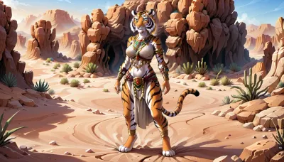 tiger, female, full body, from the front, standing, desert, canyon