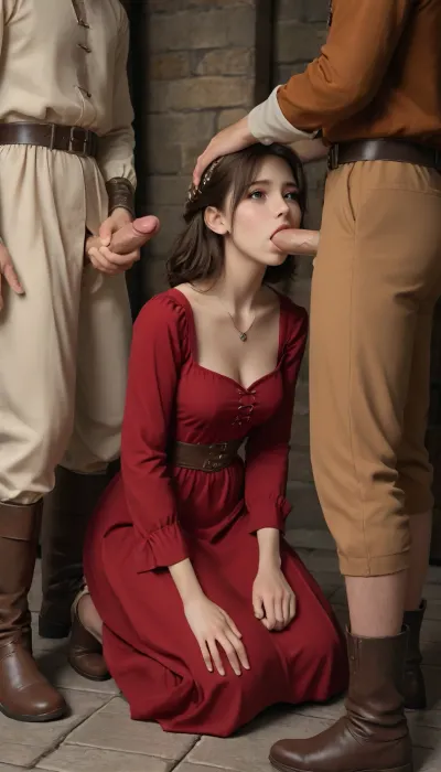 medieval woman, brunette, hair let down, burgundy dress, cleavage, long dress, long sleeves, ankle high boots, in a dungeon, medieval prison cell, woman on her knees, two men, blowjob, handjob, head grab