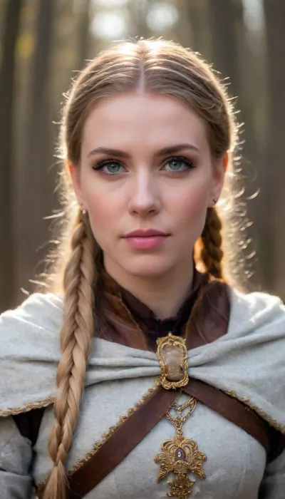A fiercely proud Nordic girl stands, her presence exuding unwavering strength. Her blonde braids cascade down her back, framing a face marked by determination and resilience. This stunning portrait captures her piercing blue eyes, reflecting the icy landscapes of her homeland. The intricate details of her embroidered Viking armor and fur-lined cloak speak of her warrior spirit. This high-quality painting seamlessly combines power and grace, drawing the viewer into the captivating story of a fierce Nordic warrior princess. body manipulations, divine proportion, non-douche smile, gaze into the camera, holographic shimmer, whimsical lighting, enchanted ambiance, soft textures, imaginative artwork, ethereal glow, silent Luminescence, whispering Silent, iridescent Encounter, vibrant background, full body, (((rule of thirds))), high quality, high detail, high resolution, (bokeh:2), backlight, (long exposure:2)