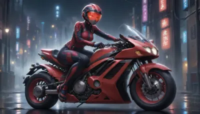 woman sitting on a motorcycle, suzuki, sports, black motorcycle, helmet, closed visor, from the front, lights on, red leather clothes, night, big city, rain