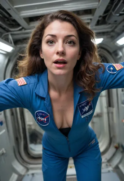 woman, A picture from the inside of a tubular shaped module of the International Space Station. very interior. Walls, floors and ceilings are packed with equipment and control panels. The colours of the interior are dull blue and grey. There are no windows, no stars visible, earth not visible. It is dark inside. A handsome, beautiful, slender, athletic, female astronaut of 35 years old. She is trying to take off a loose blue worker coveralls boilersuit with astronaut patches, (shirtpull), (titflash), (breasts visible), full body view. She is floating, legs and arms stretched. She looks like she is swimming underwater. Focus is on her head, her body is behind her. Because of weightlessness, her wavy hair is freely floating in all directions. Her breasts are perfectly round. She looks into the camera, frowning. Raw image, overexposed, cold colour schema, led light, flashlight, high contrast, shirtpull