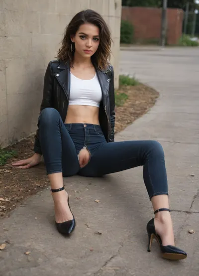 Skinny girl, show pussy through a small slot in the lycra pants, pants have tiny slot at pussy, sitting on ground outside, jacket, (high heels:1.9), ankle strip