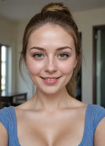 Full body shot, 28 year old woman, British American, Caucasian, light brown hair in a ponytail, pale fair skin, 5'4" tall, busty, covered breasts, (sagging breasts), thin, wearing a t-shirt and blue jeans, wide face, big chin, chin dimple, high prominent cheeks, cheek dimples, wide smile, nice lips, green eyes, acne scars, SaggySlimXL, uhang, yhang, <lora:updated_saggy_slim:1>