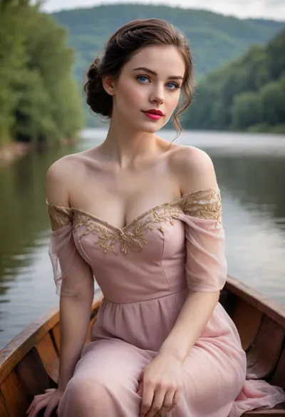 Portrait of a young woman, probably 20 years old, with fair skin and captivatingly expressive blue eyes. A soft, pink blush graces her cheeks, complementing her full, luscious lips, painted with deep red lipstick. Her dark brown hair is styled in an elegant updo, with a side strand cascading down her back. She wears a light beige flowing dress with delicate lace trim and gold embroidery featuring a stylized bird. The off-the-shoulder design of the dress and the soft drape accentuate her curves. The fabric appears luxurious and rich, with subtle variations in tone and texture.
Dress pulled down to reveal bare breasts, medium soft breasts, realistic breasts, girl sitting in a wooden boat floating on a river, girl shy, sweet smile, dimples, freckles, picturesque nature, fog over the river.