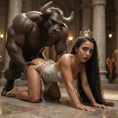 massive minotaur, fucks young adult african princess at night in a throne room, ((african princess, ultra dark skin, (wet skin:1.5), super model, gorgeous, crown, torn silver shiny dress, (perfect small breasts:1.2), black hair, scared, (african:1.4))), (on all fours), knights, statues, fight scene, minotaur wearing leather, minotaur cock in ass, (anal:1.3), (huge minotaur penis:1.2), minotaur sex, (giant minotaur:1.9), (dim lighting:1.4), side view, variable angle, variable shot