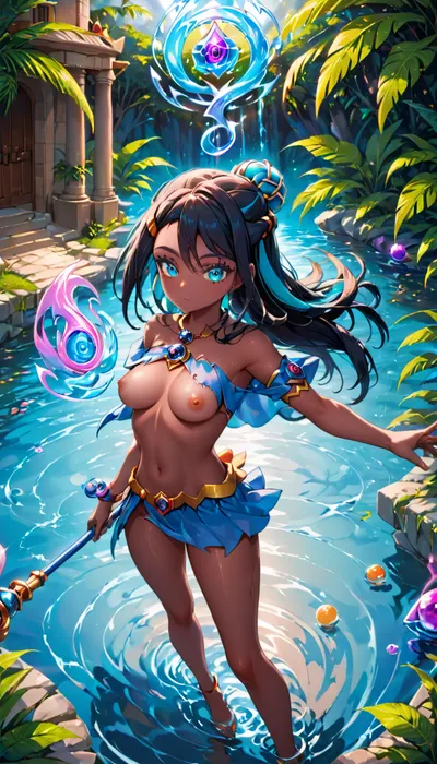 Nessa X Dark Magician Girl fusion. Nessa fused with Dark Magician Girl, Black Hair, Dark Brown Skin, Ripped Dark Magician Outfit, Revealing Breasts, Magic Staff, Glowing blue eyes, Slender Body, Medium Breasts, Perfect eyes, Sexy Pose, Solo_Focus, Water Temple Background, (((Magic Staff:1.2))), Above View, Water Magic In Hands, Water Swirling around Nessa, nessa, (pokemon), rurina, <lora:nessa-xl-000023:.8>