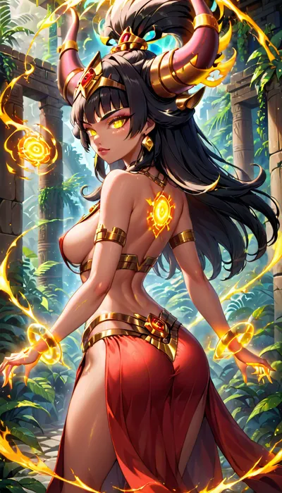 Chel X Alexstrasza fusion. Chel from Road to El Dorado fused with Alexstraza, Long Black Hair, Dragon Woman, Revealing Breasts, Glowing Yellow eyes, Slender Body, Medium Breasts, Perfect eyes, Perfect Hands, Seductive Expression, Sexy Pose, Solo_Focus, Aztec Temple Background, (((Long Black Hair:1.2))), (((Revealing Breasts:1.2))), Back View, Glowing Red Magic in hands