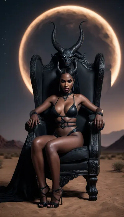 Succubus, Lilith, sin. Horns. long snake like tail. sitting on her throne in the dessert. Night time Full Moon. demon black skin. evil., (dressed in black)