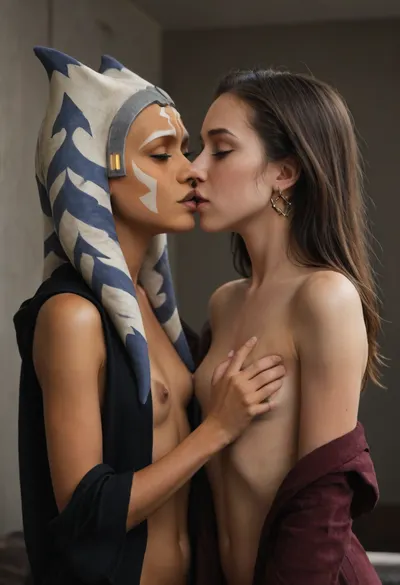 uber realistic, naked ahsoka tano kissing a very skinny green skinned girl with a checkers tattoo across her nose and a dark hooded robe, lesbian kissing, ahsoka, tano, from, star, wars, the, her clone, flat chest, <lora:asohka_v1.0:.8>