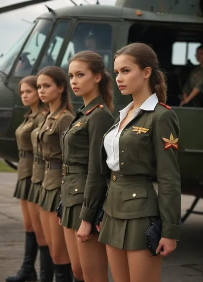 beautiful slim very young female Russian soldiers in identical military uniforms with braless tight military blouses and extremely short military miniskirts and military boots standing in a row saluting with their right hand on a helicopter landing ped, standing in a row at attention, salut, attractive girls, very beautiful faces, long legs, tanned, <lora:MJ52:.6>, <lora:334932_training_data:1>, <lora:Picture_enhancer:.6>, <lora:skirtLift:.1>