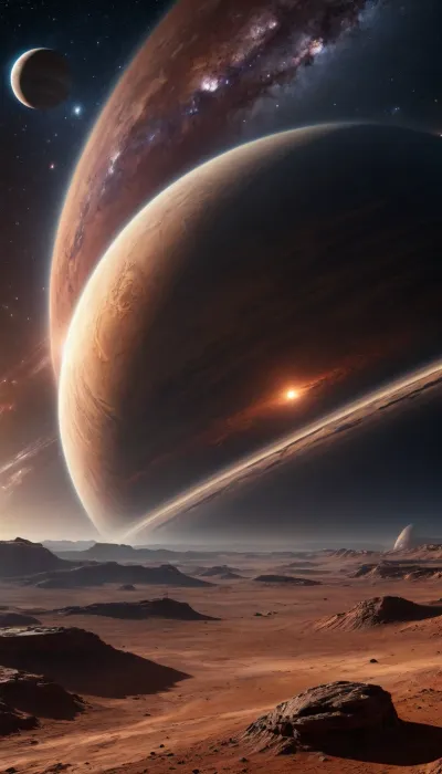 A realistic space landscape of a distant exoplanet, space phenomena in the sky, fantastic views, Saturn's rings in the sky, galaxy, Mars rising from behind Jupiter, milky way, craters on the surface