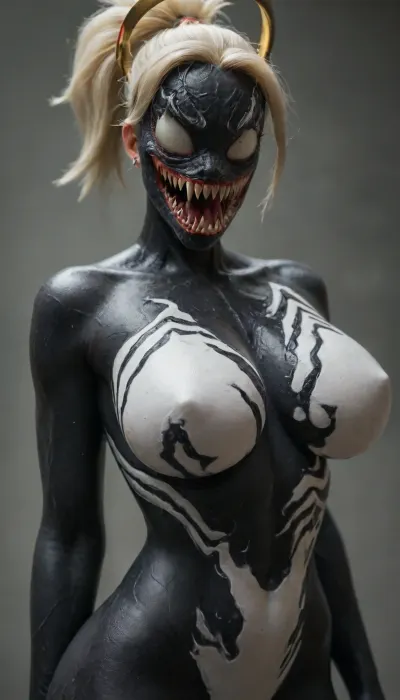 ((((mercy from overwatch)))), solo, ((((((anthro venom face body:2)))))), big breasts, score_9, score_8_up, score_7_up