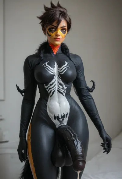 ((((tracer from overwatch)))), solo, ((((((anthro venom face body:2)))))), score_9, score_8_up, score_7_up, futanari gigantic massive erect horse cock, cumming cock