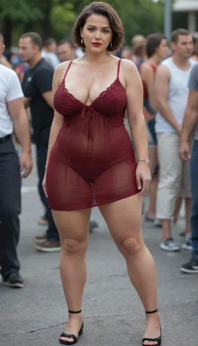 The point of view is focused on the legs of a beautiful and tender woman. She is a short mature MILF with a plump, round face. The woman wears black eyelashes and red lipstick.In the scene, she is standing in the middle of a night party, stared by college boys. They are focused on her body. The woman has nice muscular legs, and a pin crown. She is wearing a lace nightgown that reveals her curvaceous body. One of her breasts is falling out. The woman has wide hips and long perfect legs.The man in the scene is tall, fat, has a haircut, and is mature. The scene is set in 8k resolution and is photorealistic. It features a full body view.The colors in the scene are green, red, and purple. The eyes have pupils. The woman wears casual transparent peasant clothes and dressy clothes. Her chest is flat, breasts are big or huge, her neck is very short. Her tits are seen through her dress. Her hips and thighs are wide. Her belly is fat and plump. She has short brown hair, bobcut. She has muscular arms and abs.The models used in this scene are, and, ., <lora:Venus_Body_Alpha:.4>