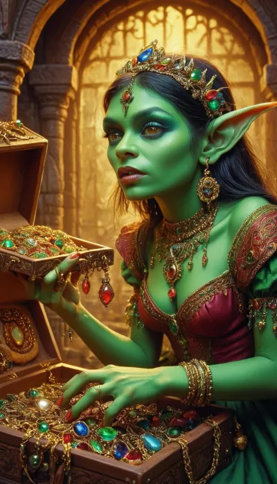 a green fantays goblin girl stealing jewlery, 1980s fantasy style, vivid color, intricate, insane detail, masterpiece, best quality, <lora:1980s_Fantasy_Style_SDXL:.5>
