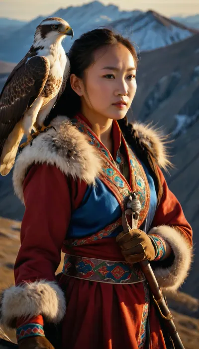 Incredibly realistic image, full colour image, full body view, 8K quality, ultra detailed, masterpiece, 19-year-old beautiful Mongolian girl, ((wearing traditional Mongolian clothing of fur and silk)), bare tits, ((she has a hunting hawk perched on her forearm, on a falconer's glove)), standing over a cliff in the mountains, the valley below swirling with mist