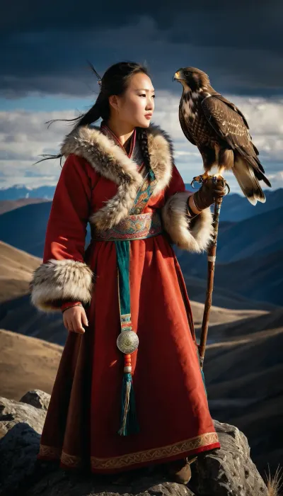 Incredibly realistic image, full colour image, full body view, 8K quality, ultra detailed, masterpiece, 19-year-old beautiful Mongolian girl, ((wearing traditional Mongolian clothing of fur and silk)), bare tits, ((she has a hunting hawk perched on her forearm, on a falconer's glove)), standing over a cliff in the mountains, the valley below swirling with mist