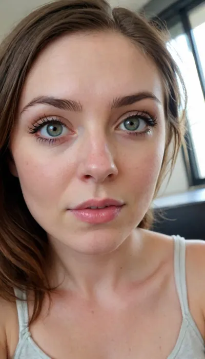 (30 Year old woman:2), (sitting in a gamer chair:1.5), (Italian, pale skin, freckles, freckles on face), (web cam snapshot, portrait, face portrait with emphasis on her eyes, close up of face, fisheye lens:1.5), (ring lighting, ringing lighting reflected in eyes), (Italian and Irish features), (photorealistic, photo realistic, photorealism, photo realism:1.8), (4k, 8k, 8k resolution, best quality, ultra quality, highest quality, maximum quality, uncompressed, raw source photograph:1.2), (same color eyes, symmetric eyes, matching eyes, detailed eyes, detailed iris, detailed pupils, limbal ring around iris, perfectly round iris, perfectly round pupils:1.4), ((oily skin)), ((bags under eyes)), (detailed skin, high detailed skin, intricately detailed skin, perfectly detailed skin, high quality skin, highest quality skin, exquisitely textured skin), (intricate clothing, detailed clothing), (microblade eyebrows, perfectly manicured eyebrows), (flushed cheeks, flushed neck, blushing cheeks, blushing neck), (overfilled lips, juicy lips, filled lips, puffy lips, glossy lips, her thick wet lips are slightly parted, nervously biting lower lip, lip bite, lip biting), (casual makeup, subtle makeup, natural makeup), (narrow jaw, delicate jawline, pointed jaw and chin, heart shaped face, pixie face, fairy face, fae features, extremely feminine face, round face, chin, mouth, high cheekbones, sharp cheekbones, obvious vellus hairs, cute tall tall tall dimpled cheeks), (button nose, upturned nose, delicate nose, nose), (long hair, wavey hair, loose hair framing her face, messy hair, tousled hair, bed hair, sex hair, dark brown hair), (eyes slightly crossed, big eyes, wide eyes, doe eyes, slightly wide set eyes), (striking eyes, captivating eyes, mesmerizing eyes, fae eyes), (pale green eyes with golden flecks), (conical breasts, medium sagging breasts, natural breasts), (athletic body, sporty body, lean body, muscular body, muscle shoulders, defined shoulders, rock climber body), (close up portrait of face, tight closeup of face, closely zoomed in on face, tight in on face, extreme closeup), (looking straight into the camera, looking straight ahead, head slightly raised, gazing lovingly straight into the camera, looking down on her from above), (she's in love, adoring gaze), (no nudes, nonnude), (relaxed posture, casual pose, casual outfit, casual attire, casual underwear), (loving expressing, adoring expression, joyous, joyful, pleased), (girlfriend, girlfriend material, girlfriend experience)