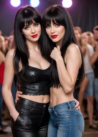 2 sexy milfs, glamorous makeup, (((long shaggy black hair with full fringe))), pale skin, big tits, no pubic hair, red lipstick, black eyeshadow, black eyeliner, blue eyes, long fake eyelashes, looking at viewer, wearing low rise jeans, dancing, having fun, partying, showing off tits at wild rock concert