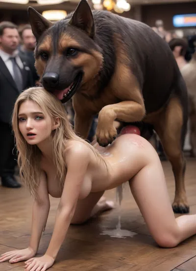 masterpiece, high resolution, defeated, wounded, forced, sexy, blush, perfect makeup, beautiful face, perfect smile, intricate details, open mouth, perfect face, extreme details, nude, (long wet hair:1.5), sex from behind, sweaty, glistening skin, slim waist, wide hips, bend over, on all fours, ass up, on the floor, ((massive boobs:1.4)), blonde hair, cleavage, (scratch marks on body:1.3), from behind, cum on ass, ejaculation, cum on the ground, (thick cum puddles:1.4), canine doggystyle, K9, German Shepherd fucking a girl from behind, massive knotted penis, (anal stretching:1.2), ((zoophilia:1.8)), large crowd of people nearby, ((fancy casino, slot machines)), ((photorealistic:1.7)), ((hyperrealistic:1.9)), ohwx, woman, <lora:bombshell_v2:1.8>, <lora:bboobs-000005:1.6>, <lora:SDXLHighDetail_v6-000005:1.6>, <lora:margot_lora_sdxl_v1-000006:1.8>, <lora:SDXLFaeTastic2400:1.8>