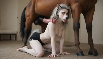 helluva boss, mythology, loona, (helluva boss), canid, canid demon, canine, demon, mammal, furry, soft fur, mythological canine, mythological creature, animal genitalia, anthro, areola, licking horse penis, paizuri, huge horse penis, horse penis, on knees, full body image