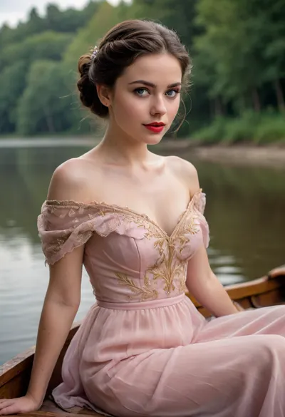 Portrait of a young woman, probably 20 years old, with fair skin and captivatingly expressive blue eyes. A soft, pink blush adorns her cheeks, complementing her full, luscious lips, painted with deep red lipstick. Her dark brown hair is styled in an elegant updo, with a side strand cascading down her back. She wears a light beige flowing dress with delicate lace trim and gold embroidery featuring a stylized bird. The off-the-shoulder design of the dress and the soft drape accentuate her curves. The fabric looks luxurious and rich, with subtle variations in tone and texture.
Dress pulled down to reveal bare breasts, medium soft breasts, realistic breasts, shows you 80% of her breasts, girl sitting in a wooden boat floating on a river, girl shy, sweet smile, dimples, freckles, picturesque nature, fog over the river.
