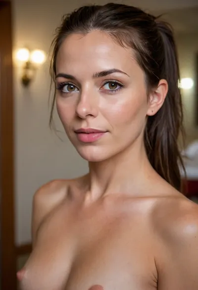 cinematic film still, (whole body), a 40 years old french woman, brunette, poney tails, nude, ((flat chested)), beautiful detailed face, naked, in a motel, all body visible, naked sperm on her face, pointy nose, little smile, sexy lips, . shallow depth of field, vignette, highly detailed, high budget, bokeh, cinemascope, moody, epic, gorgeous, film grain, grainy