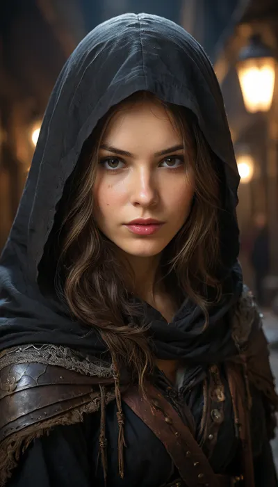 (highly detailed candid photo of bandit:1.2), 1girl, solo, long hair, looking at viewer, brown hair, hood, armor, lips, cloak, (realistic:1.5), night in the medieval alley, masterpiece, (best quality:1.1), cinematic lighting, ultra photoreal, (photorealistic:1.3), (sharp focus:1.1), (depth of field:1.5), 50mm, style of Nathan Wirth, Hasselblad X1D II, Porta 160, <lora:RPGBanditXL:.5>