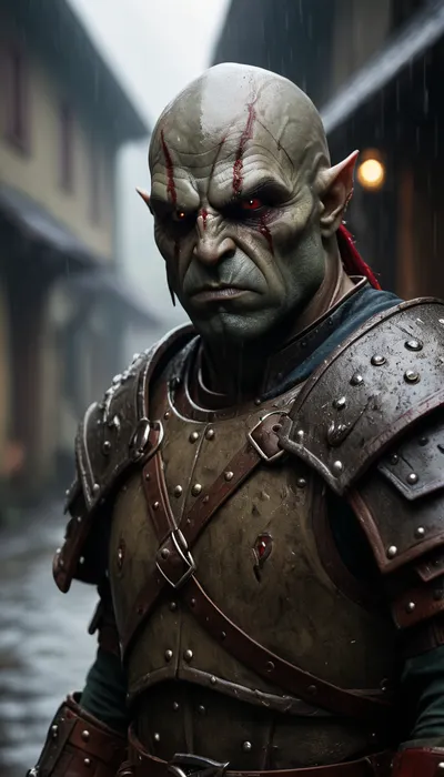 highly detailed analog photo of an orc, orc, solo, red eyes, 1boy, upper body, male focus, pointy ears, armor, blurry, colored skin, shoulder armor, rain, pauldrons, bald


masterpiece, best quality, 8k, intricate details, depth of field, (analogue photography:1.25), (shadow play:1.4), <lora:RPGOrcXL:.5>