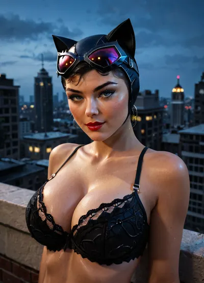 (CatWoman from Batman:1.5), (big breasts:1.3), lace bra, cleavage, sexy pose, sexy, on dark rooftop at night