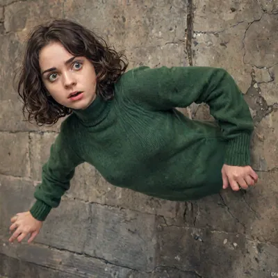 (25 year old girl:1.3), (looking to the side:1.5), (pupils to the side:1.2), (photo realistic:1.3), 1girl, (shocked expression:1.3), (afraid:1.2), long sleeves, (small tits:1.2), (flat chest:1.2), short dark hair, (curly bobcut:1.1), short wavy hair, looking at viewer, sweat, (dark emerald green cashmere pullover), (fully clothed), (classy), (European), trapped_in_wall, stuck, in, wall, (hole in wall:1.2), (realistic hands, 5fingers per hand), (basement), (indoors), shocked, nonplussed, <lora:shocked:.8>
