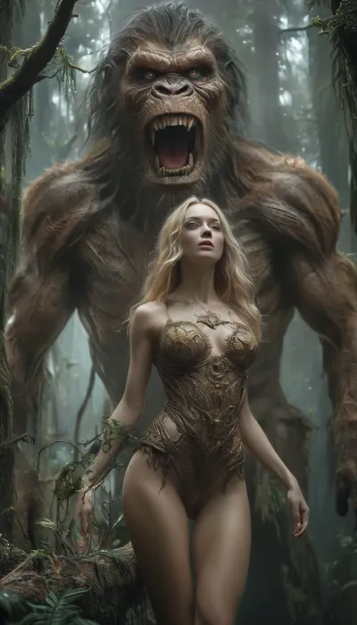 a lone figure standing before an enormous creature’s eye, which dominates the entire scene, The eye is a massive, orb, with intricate details of scales, folds, and veins surrounding it. The iris is a mesmerizing blend of golden different colors, with a sharp vertical slit for a pupil and reflected in the eye, a silhouette of the small figure stands in awe, emphasizing the immense scale of the creature, (huge big giant head from solo king-kong far in the background:1.5), BREAK, Cinematic photo of a stunning blonde woman as a sexy disney tarzan in the front, a woman half naked in the jungle, (girl in front standing on the highest tree of the forest with u huge distance to the horizont:1.6), power pose, detailed skin texture, (blush:.5), (goosebumps:.5), subsurface scattering, (huge round boobs:1.3), (cameltoe), (round huge ass:1.3), (ultra slim waist:1.6), young face, (realistic sweat skin), sexy expression, cum dripping from pussy, (high resolution:1), (extreme detail:1.3), ((HDRI:1.4)), (ultra realism:1.4), (maximum detailed skin:1.4), (((narrow waist))), DonM3v1lM4dn355XL, <lora:MJ52:.5>, <lora:DonM3v1lM4dn355XL-v1.1-000012:.2>, <lora:mythsxl:.2>, <lora:Creat0r_MagicDetailzV2_FIX:.4>, <lora:FF-WoMM-XL-FA-v0208-TE:.8>