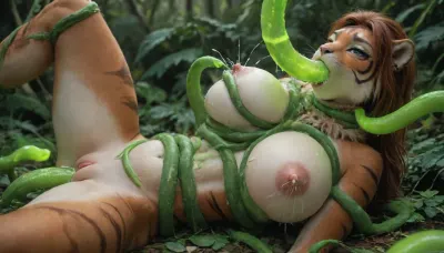 a female furry tiger with big tits and a beautiful pussy lying in the jungle, ((green glowing ghost tentacles extend towards her), (((Tentacle wrapped around her body and neck))), ((Tentacle wrapped around her breasts)), ((green glowing tentacle enters her mouth)), ((She sucks on the tentacle)), ((Tentacle blowjob)), and at the same time, ((Tentacles wrap around legs and open them)), (Tentacle fucks her pussy)), ((Tentacle deep inside her pussy)), ((((Bright green tentacle cum drips from her mouth)))), ((((green glowing tentacle cum flows out her pussy)))), ((((mega green cum in pussy)))), ahegao, ((((dripping green cum)))), pregnant, ((((((lactating tits))))))