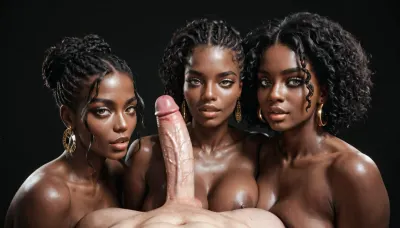 white man, short straight black hair, showing his huge 35 inch masive penis to two naked curvy black african women, his penis is very hard, erection. black room, black background.
