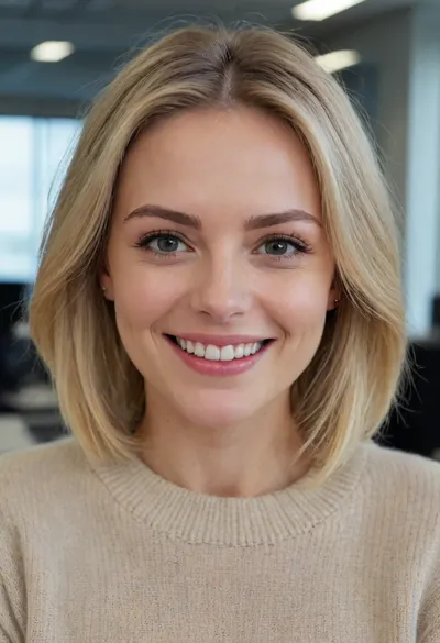 very very close up, focused on the face, Raw photo, 8k uhd, high quality, high definition, ultra detailed, caucasian, smile, orgasm face, smiling eyes, professional photography, photorealism, woman, sweater, office, low angle shot, blonde long bob hair, pale skin