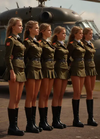 bright sunny windy day, very beautiful slim young female Russian soldier girls in identically military uniforms with tight military blouses and extremely short military miniskirts and military boots standing in a straight row saluting with their right hand on the forehead on a helicopter landing ped, standing in a straight row at attention, military salut, sunny windy day, wind blows up their miniskirts exposing their naked shaved pussies, pantieless, naked shaved pussies, medium breasts, attractive girls, 19yo, very beautiful faces, athletic slim bodies, long legs, tanned, clothes, Military, uniform, windyupskirt, <lora:MJ52:.6>, <lora:bralessSDXL_v1_00022:.6>, <lora:334932_training_data:1.2>, <lora:Vivid Midjourney mimic - XL SDXL v2.0:.6>, <lora:windyupskirt_SDXL:.6>