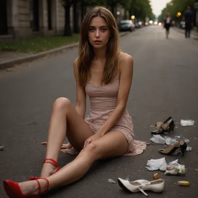 full body view, hippie girl, (skinny:1.2), (tall body:1.1), (long legs:1.1), (slender legs:1.2), (sitting on ground), (one leg apart:1.4), show pussy, (sokate high heels:1.6), full body view good sorted, perfect illumination, (stripped clothes bottles trash cash used codoms:1.2), sidewalk public people passing, pussy visible