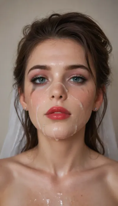 super close hot of bukkake, cumshot, facial portrait picture of the Bride face in cum facial, with heavy makeup and a lot of makeup, a lot of Cum on her face, cum on her long black eyelashes, Cum on her eyelids, Cum on her cheek skin, her face wet with Cum, Cum on her red lips. cum on her wedding tail, One of the false eyelashes is wet and on the cheek. woman, cum, on, face, ruined, makeup, <lora:JustCum:1.1>, <lora:ruined1:.9>, <lora:Pink_Lips:.9>