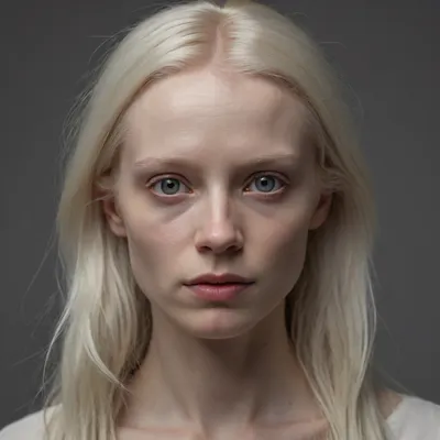 A RAW photo of a petite Scandinavian woman, 35 y.o., albino, very skinny, (black eyes), long wild hair, light grey hue background, full headshot, 4K, 8K UHD, hyper-photorealistic, ultra-realistic