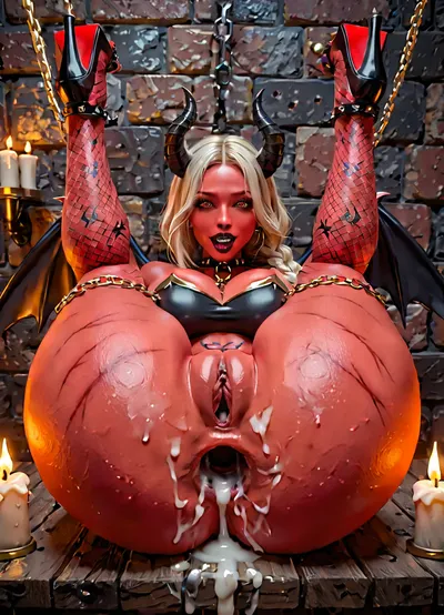Best quality, masterpiece, UHD, 4K, dungeon background, chains on the walls, torture room, candles, cultic interior, one female succubus, black succubus tail, hourglass body, black demonic wings, showing ass, (whip marks on ass:1.1), wearing fishnets stockings, (demonic armored heels:1.2), (demonic black breast armor:1.2), no panties, (gaping asshole:1.2), cum on asshole, chain inside asshole, feminine face, long black braided hair, (face and body piercing:1.2), (demonic tattoos on whole body:1.2), (red skin tone:1.2), beautiful face, demon look, red eyes, horns, big teardrop shaped tits, big round ass, perfect shaped buttcheeks, wide hips, hipdips, 4ng3l, face, <lora:add-detail-xl:.8>, <lora:SDXL_BetterFaces-LoRA_v1:.8>