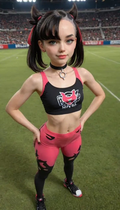 UHD, HDR, 4K, (Marnie from pokemon, marnie cosplay), pokemon stadium, lightshow background, very petite, very wide thigh gap, (tight spandex pants, pink and black colour), (very tight spandex crop top, (falat chest:2), pink and black colour), (short black hair, low twintails), pink hair ribbon, (big green Disney eyes, detailed large green eyes), detailed choker, tight toned stomach, naval piercing, black sneakers, full body, very excited happy pose, high angle, marnie_\, (pokemon\), <lora:marnie_(pokemon):.8>