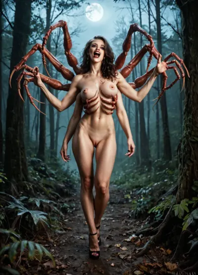Cinematic still, full body shot, best quality, perfect quality, maximum quality, 8k, photorealistic, real, nude, a sexy but scary giant monster ab0m centipede woman, body horror, terrifying, extra limbs, tentacles, fangs, high heels, straight hair, caucasian, pale skin, (((perfect face, beautiful face))), standing in a dark spooky forest, cinematic lighting, (night), moonlight, sharp focus, score_9_up, orgasm, ab0m, <lora:ab0m:2>