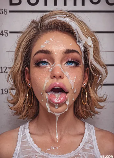 (Melkor Mancin art style), 1girl, MILF, bimbo, whore, slut, slutty face, blond hair, hair is tied in a bun, lush hair, pink lipstick, large lips, duck lips, perfect face, detailed, ahegao, (rolling eyes), tongue, excessive cum, mugshot, front view, cum on hair, clothed, white highlights